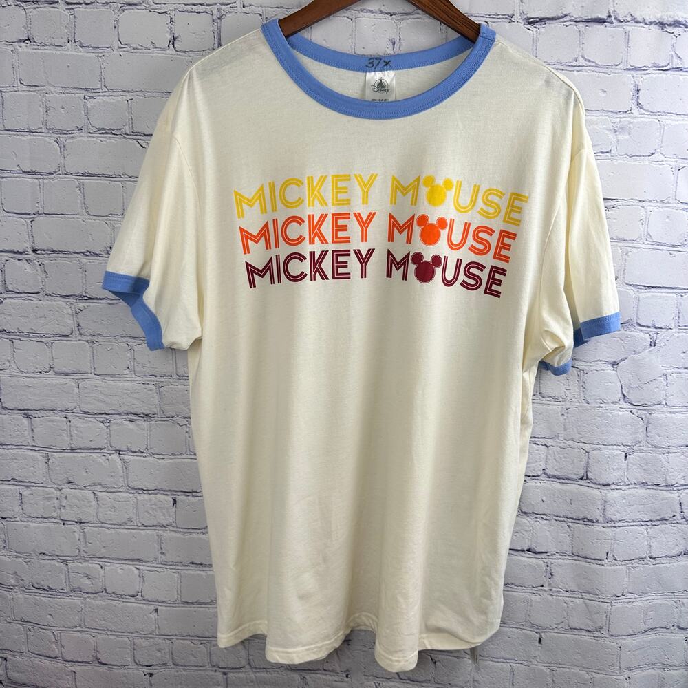 Disney Parks Retro Mickey Mouse Ringer Tee Shirt Cream Blue Large